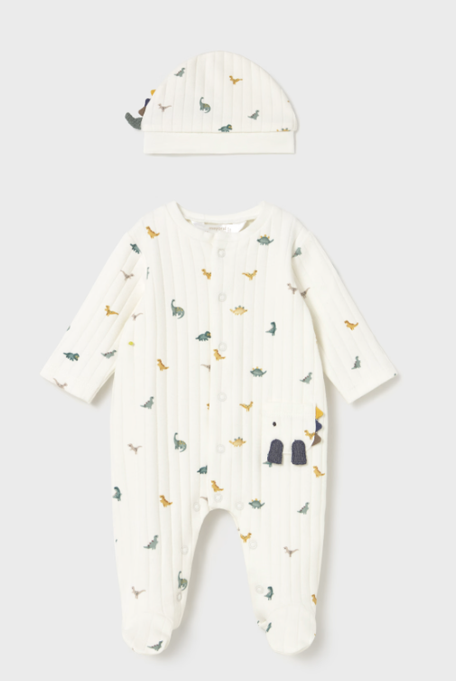 Mayoral L/S Onesie & Hat Set in Dino Print Style 2717 - Ecru/Ice